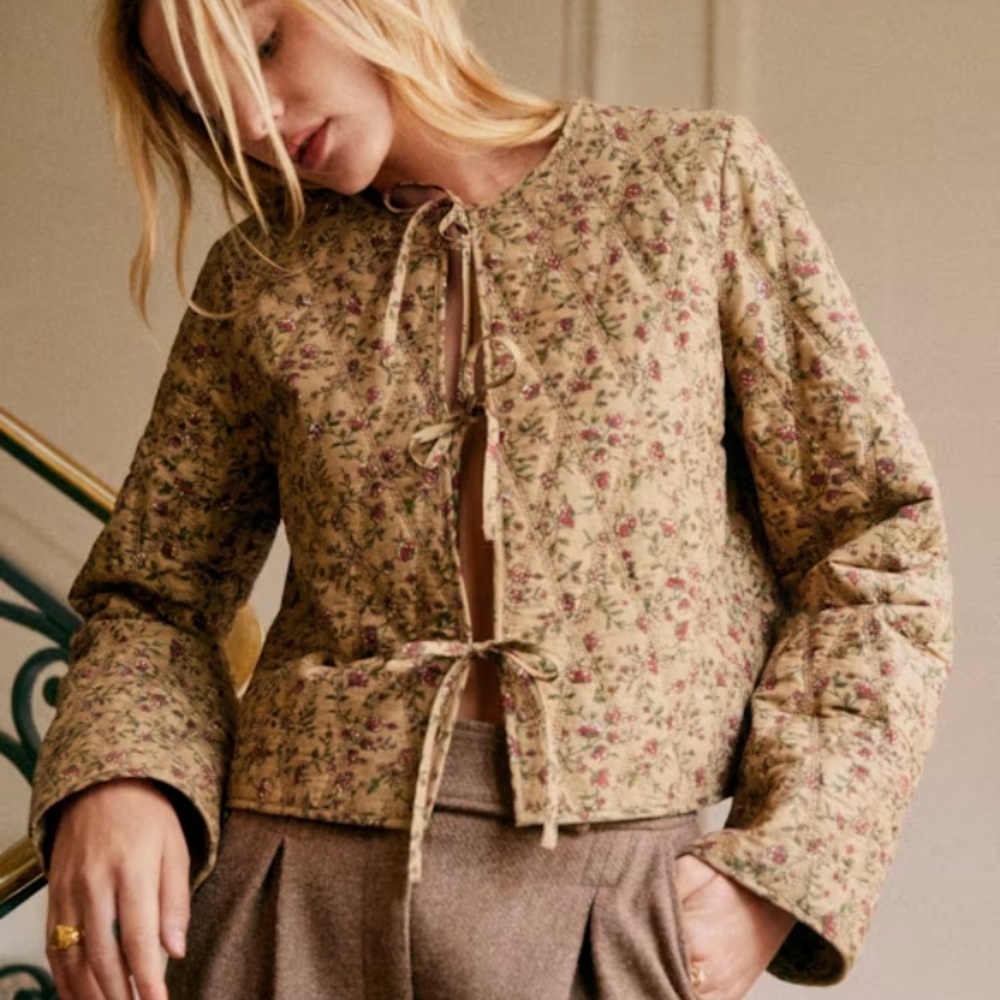Sezane Polina Floral Quilted Jacket in Tan and Pink